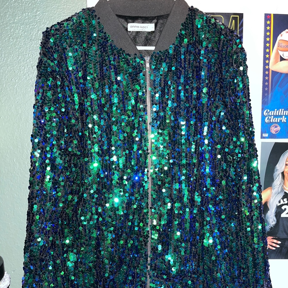 Green and blue sequin jacket